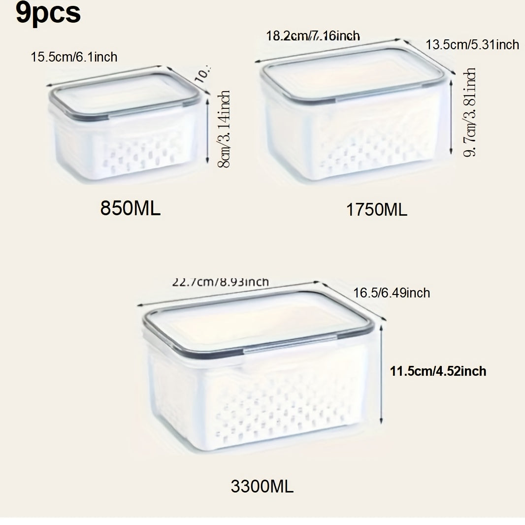TEMU 9pcs Bpa- Plastic Food Storage Container Set With Drain Basket And Lid- Leak Proof, Refrigerator Safe, Reusable Kitchen Organizer For Fruits,