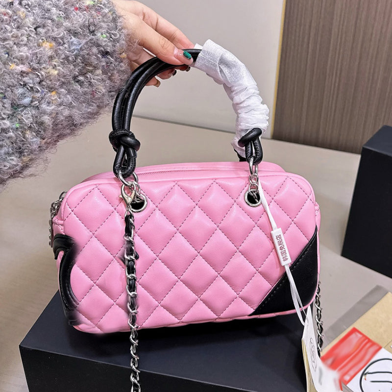 Vintage Bowling Bag Designer Women Shoulder Bag 20cm Leather Diamond Check Silver Hardware Metal Zipper Luxury Handbag Matelasse Chain Crossbody Bag