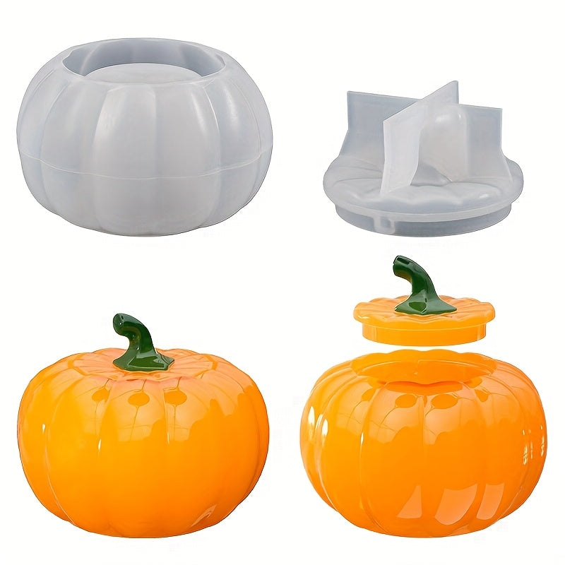 TEMU Diy Pumpkin Silicone Mold For Halloween - Durable, Reusable Craft Mold For Candles, Plaster, Epoxy Resin, And Clay - Includes Lid For And Use,