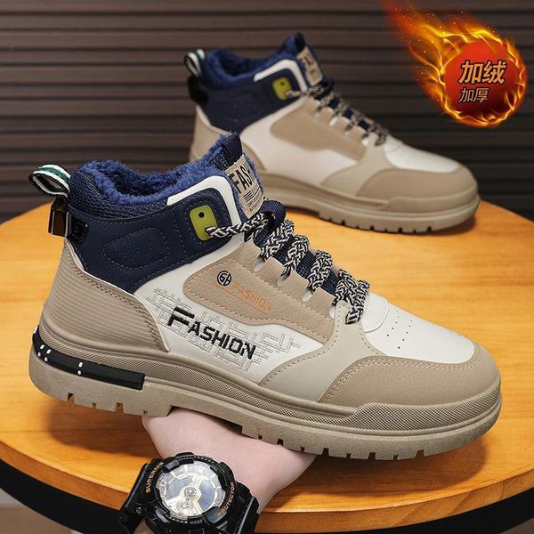 High top cotton shoes for men 2024 new winter sports and leisure leather surface waterproof and cold proof with thick fleece men&#039;s work