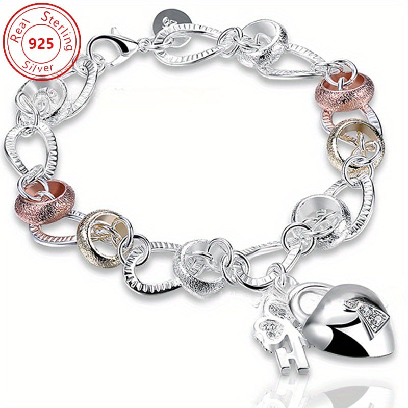 TEMU 925 Sterling Silvery Heart - Key Bracelet - Delicate Silvery Jewelry And Stylish Elegant Style - Casual Attire With Parties - Thanksgiving -