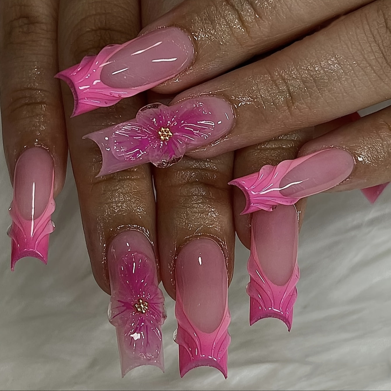 TEMU 3d Dot Glue Press-on Nails - Ultra-long Square Fake Nails With , Pink To Clear Gradient Glossy Finish, Removable Reusable Artificial Nails For