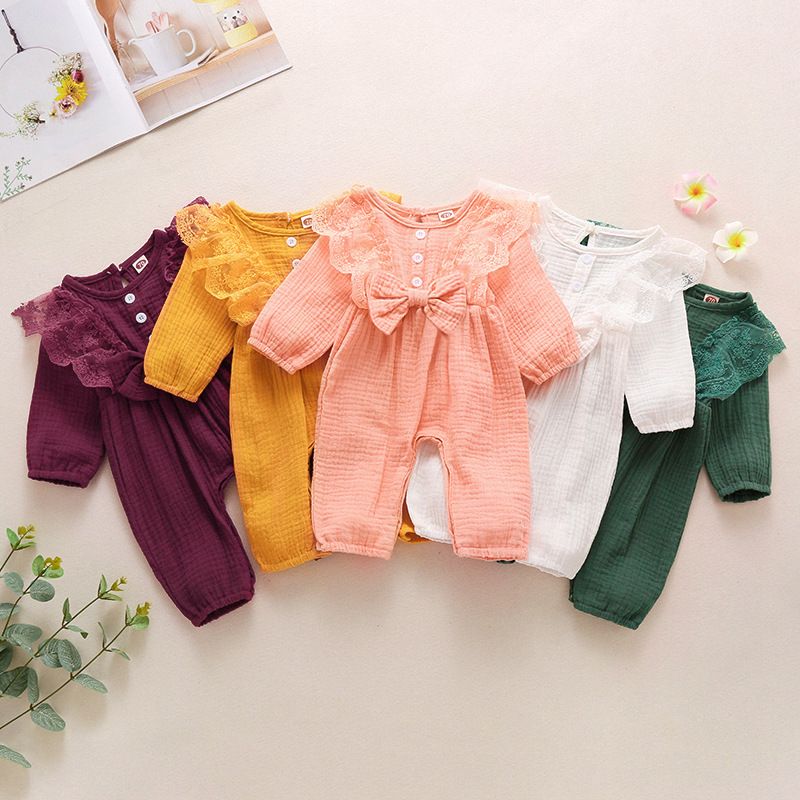 w541 Kids clothes girls boys lace sleeve Bow romper newborn infant Cotton linen Solid color Jumpsuits Spring Autumn baby Climbing clothes