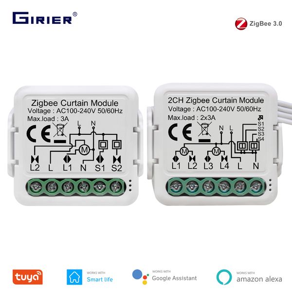 GIRIER Tuya ZigBee 3.0 Smart Curtain Switch Module for Roller Blinds Shutter Electric Motor 1-2 Gang Work with Alexa Google Home