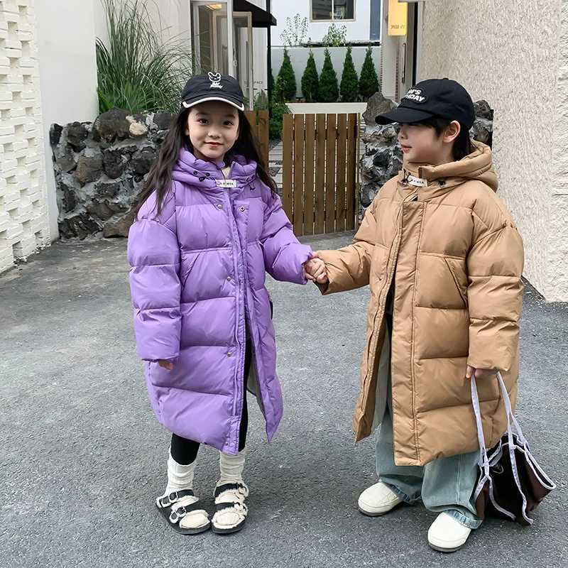 Kids Coat Korean New Autumn Winter Fashion Style Mid Length Down Jacket Children Heavy Knee Length Hooded Coat Kid OuterwearXJ241021