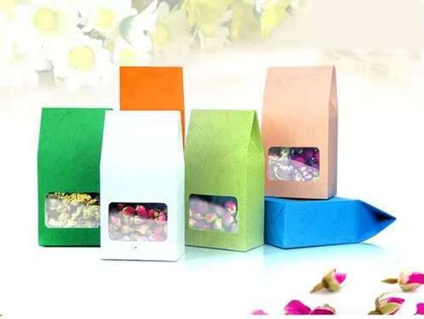 5Pcs Tea Packaging Cardboard Pink Kraft Bag,Clear Window Box For Cake Cookie Food Storage Standing Up Paper Packing Bag