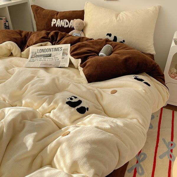 2x2.3M Cute Panda Bedding Set 4 Pieces Warm Fleece Comforter Set Beige and Brown for Kids and Teens