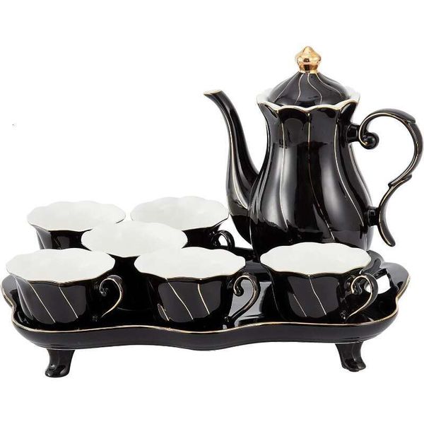 14 Pcs Of 6 Tea Tray & Spoons, Modern Dia Design Tea-Coffee Cup Set With Golden Trim, Chic Porcelain