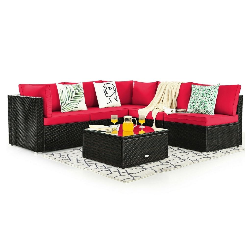 6-Piece Rattan Patio Furniture Set with Glass Top Table - Red