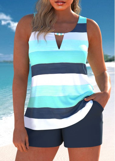 Modlily Cut Out Multi Stripe Print Cyan Tankini Set - XXL
