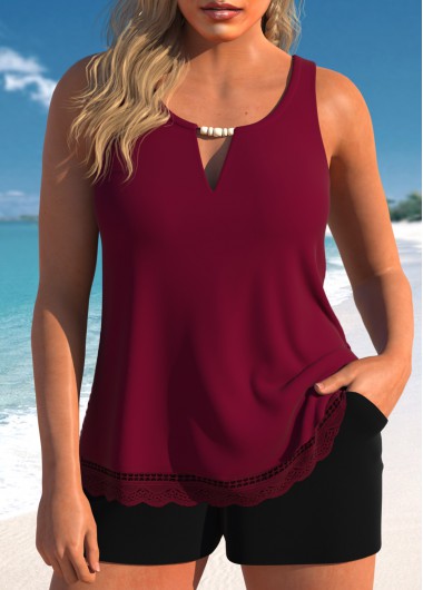 Modlily Lace Cutout Wine Red Tankini Set - XL
