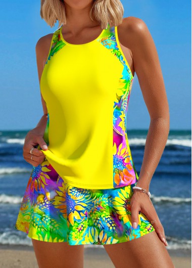 Modlily Patchwork Sunflower Print Yellow Tankini Set - L