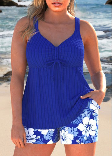 Modlily Ruched Floral Print Royal Blue Tankini Set - S