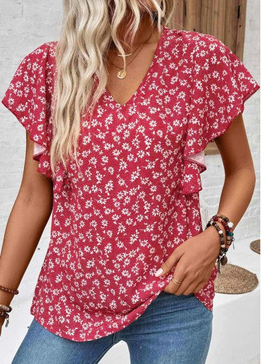 Modlily Wine Red Ruffle Ditsy Floral Print Short Sleeve Blouse - S