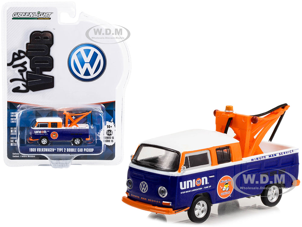 1969 Volkswagen Double Cab Pickup Tow Truck Blue and White "Union 76 Minute Man Service" "Club Vee V-Dub" Series 15 1-64 Diecast Model Car by Greenli