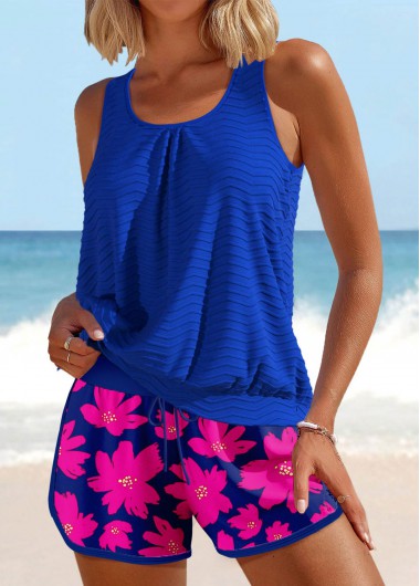 Modlily Patchwork Floral Print Royal Blue Tankini Set - S