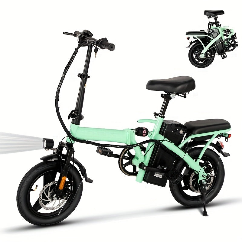 TEMU Green Folding Electric Bike-powerful Motor, , 48v 500w 14-inch Tires, Commuter-friendly, Light Weight, Long-lasting Battery Portable Electric