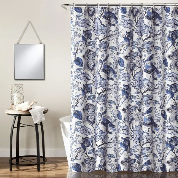 Blue classic floral garden shower curtain fabric print n blue Lia elegant bathroom decoration 240828