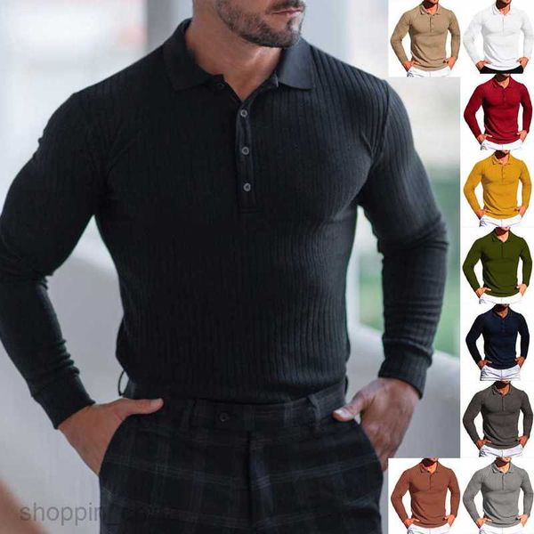 Men Polos Shirts Summer Sports Fitness Leisure Stand up Neck Elastic Vertical Stripe Long sleeved POLO Shirt for Men tops