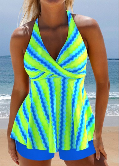 Modlily Surplice Wave Pattern Print Neon Green Tankini Set - XXL