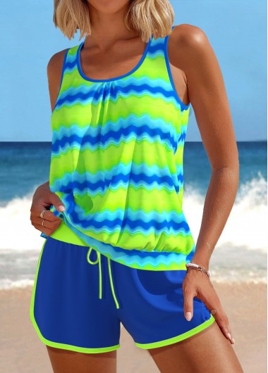Modlily Patchwork Wave Pattern Print Neon Green Tankini Set - M