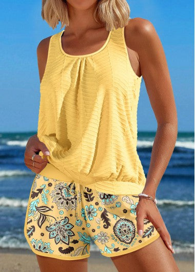 Modlily Drawstring Floral Print Light Yellow Tankini Set - XXL