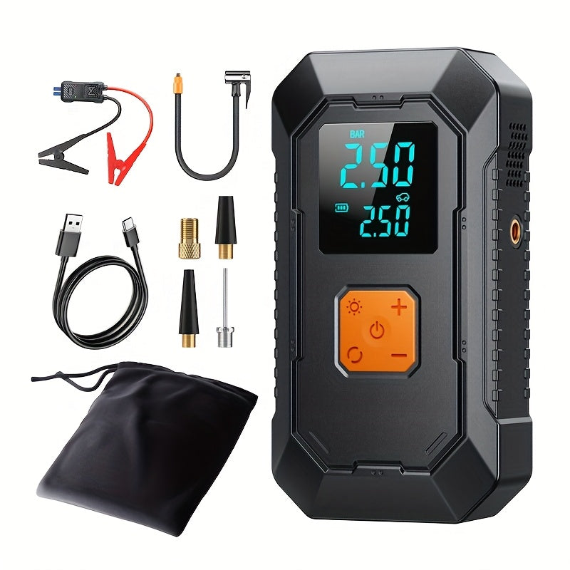 TEMU Portable Car Air Compressor & Jump Starter - 12v, Fast Charging, Digital Tire Inflator, Led Light, For Gas- Engines And Car, Motorcycle And