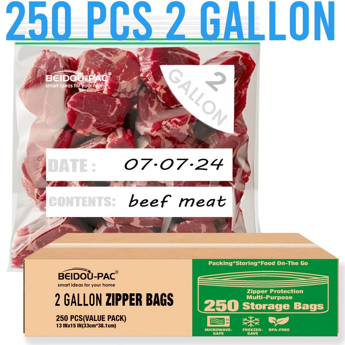 TEMU 2 Gallon 250pcs Large Food Storage Freezer Bags, | Double Zipper, Freshness Reclosable Clear Plastic Bags (13" * 15")