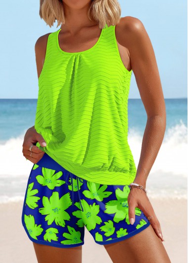 Modlily Patchwork Floral Print Neon Green Tankini Set - M