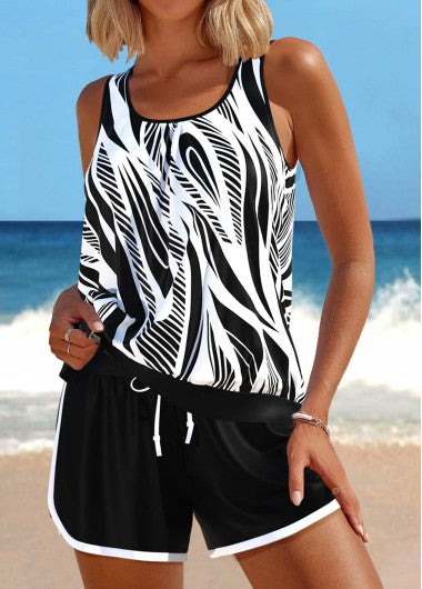 Modlily Patchwork Geometric Print Black Tankini Set - XL