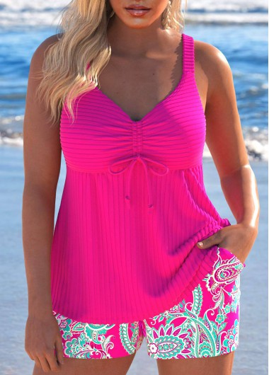 Modlily Drawstring Paisley Print Hot Pink Tankini Set - XXL