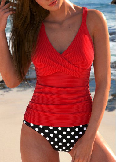Modlily Criss Cross Polka Dot Red Tankini Set - XXL
