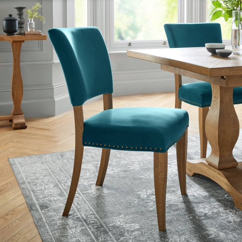 Vancouver Rustic Oak Upholstered Chair - Sea Green Velvet Fabric Pair