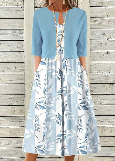 Modlily Light Blue Two Piece Leaf Print Dress and Cardigan - M