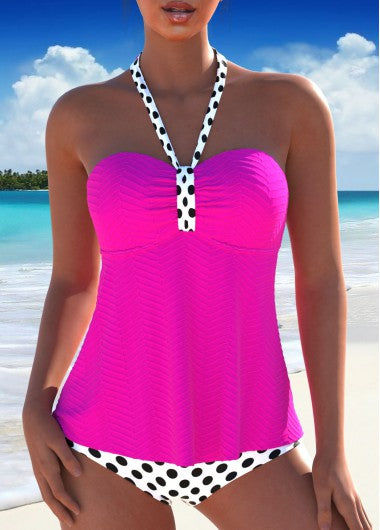 Modlily Tie Polka Dot Hot Pink Tankini Set - M