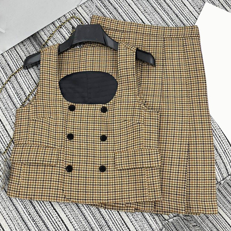 Luxury Vintage Pleated Skirt Women Elegant Double Breasted Vest Top Designer Birthday Dinner Party High Waist Skirts Spring Autumn Sleeveless Top