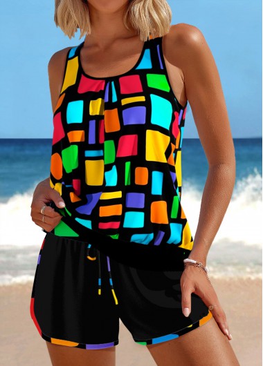 Modlily Patchwork Geometric Print Multi Color Tankini Set - L