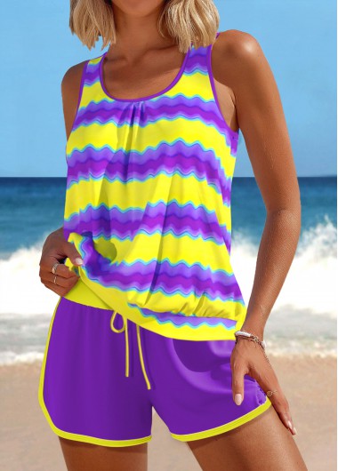 Modlily Patchwork Wave Pattern Print Purple Tankini Set - XL