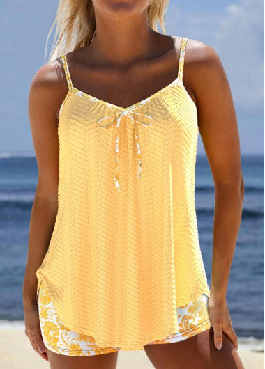 Modlily Jacquard Floral Print Light Yellow Tankini Set - L