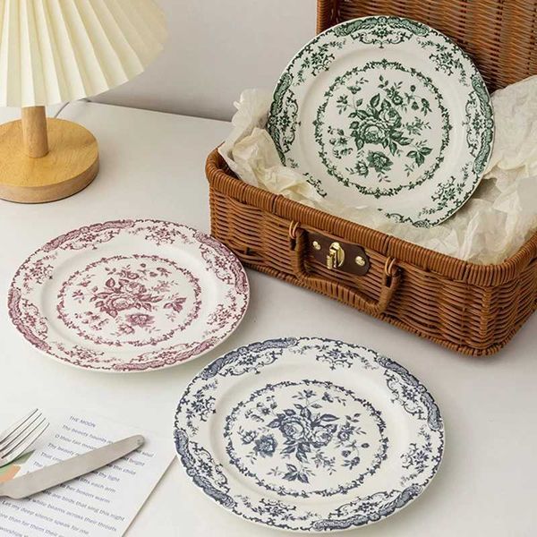 8-10Inch French Vintage Rose Ceramic Plate European Style Dinner Dishe Plates Salad Dessert Dinner Dish Household Art TablewareXJ241209