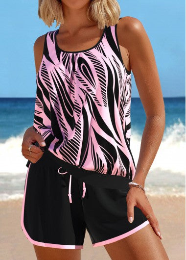 Modlily Patchwork Geometric Print Pink Tankini Set - XXL