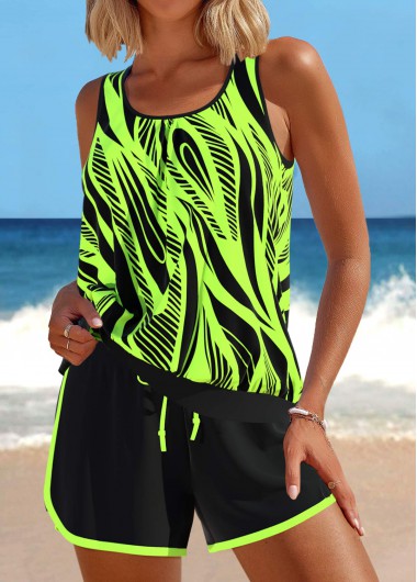 Modlily Patchwork Geometric Print Neon Green Tankini Set - L
