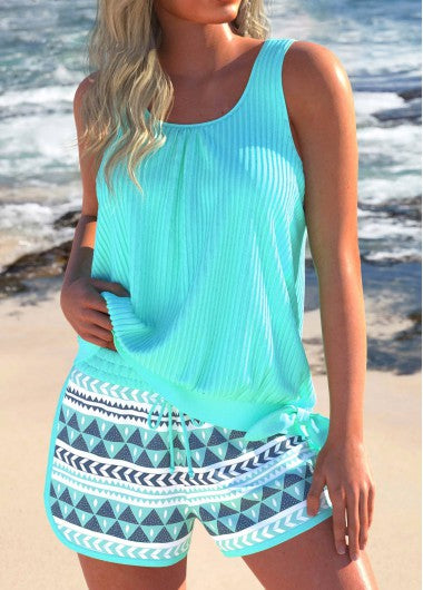 Modlily Bowknot Geometric Print Mint Green Tankini Set - M