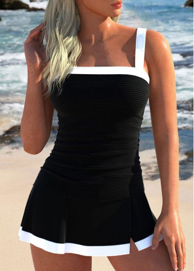 Modlily Contrast Binding Patchwork Black Tankini Set - XXL