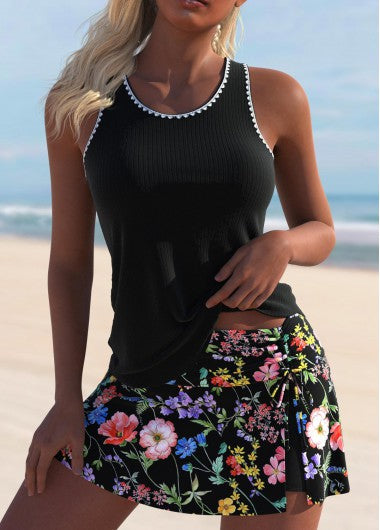 Modlily Cut Out Ditsy Floral Print Black Tankini Set - XL