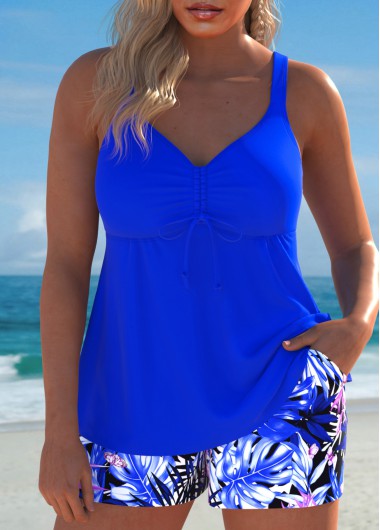 Modlily Drawstring Tropical Plants Print Royal Blue Tankini Set - XXL