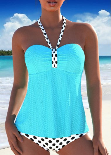Modlily Ruched Polka Dot Light Blue Tankini Set - XXL