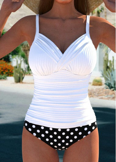 Modlily Surplice Polka Dot White Tankini Set - S