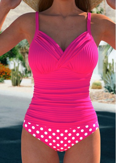 Modlily Surplice Polka Dot Hot Pink Tankini Set - L