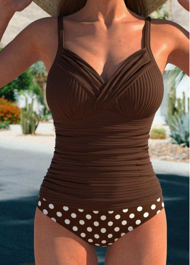 Modlily Surplice Polka Dot Dark Coffee Tankini Set - L